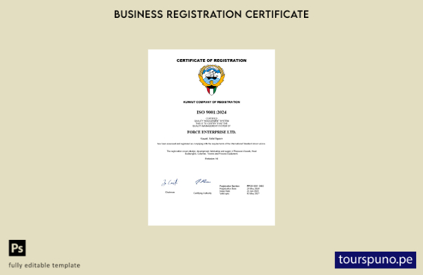 listo para imprimir Plantilla de certificado de registro comercial de Kuwait Pla